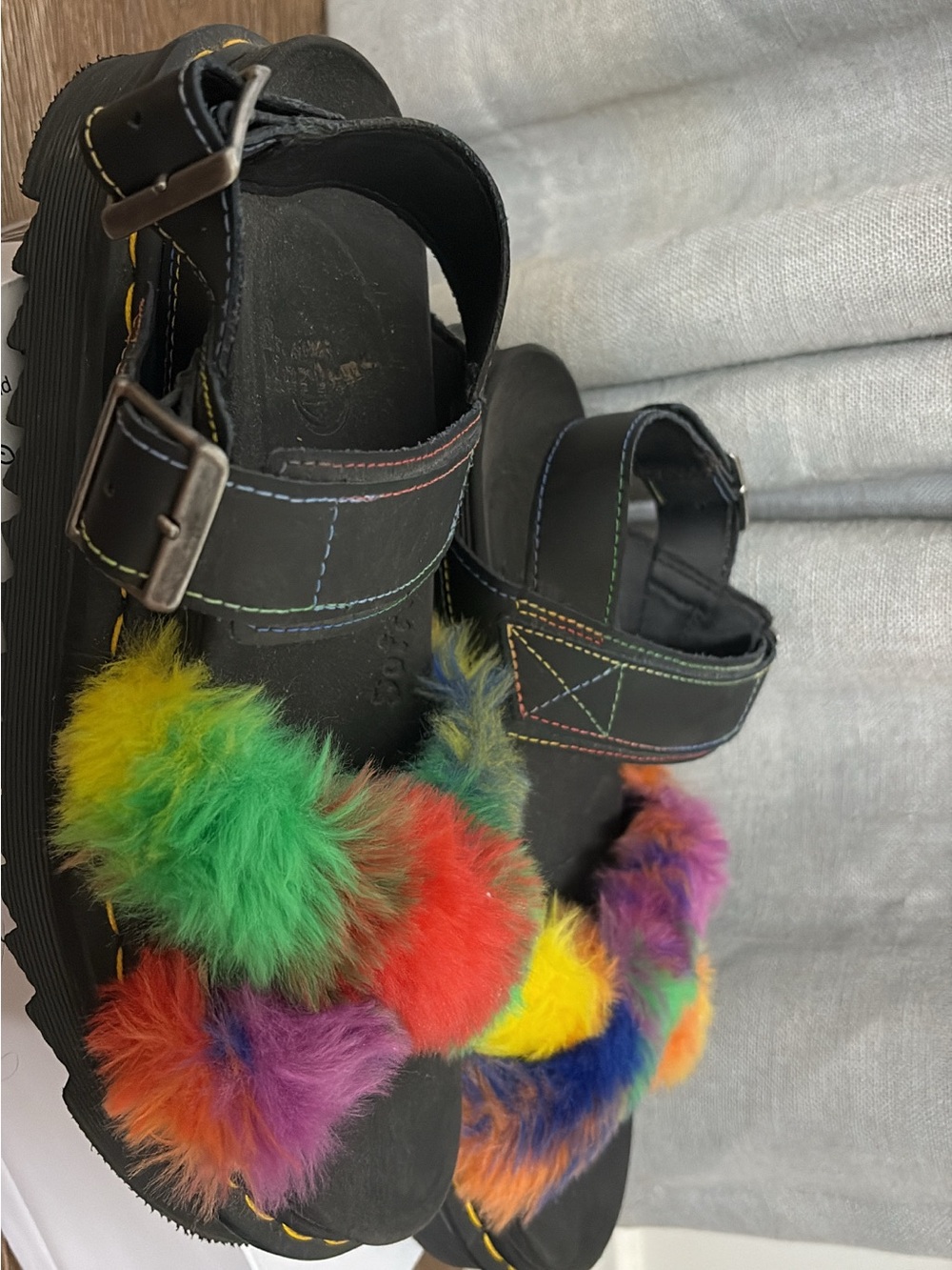 Black Sandals with Rainbow Faux-Fur Trim
